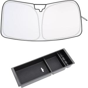 imageJDMCAR Center Console Organizer Black Trim and Foldable Windshield Sunshade Compatible with 2015 2016 2017 2018 2019 2020 Ford F150