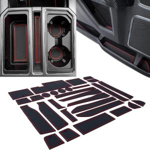 imageJDMCAR Liner Accessories Compatible with Ford F150 2015 2016 2017 2018 2019 2020 Premium Cup Holder Center Console and Door Pockets Rubber Inserts Kit Bucket Super Crew Red TrimRed Trim