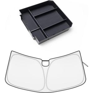 imageJDMCAR Center Console Organizer Black Trim and Windshield Sun Shade Compatible with Toyota Tundra Accessories 2022 2023 2024