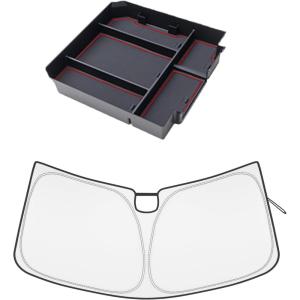 imageJDMCAR Center Console Organizer Red Trim and Windshield Sun Shade Compatible with Toyota Tundra Accessories 2022 2023 2024