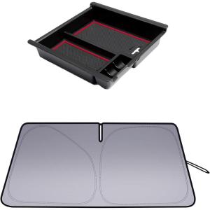 imageJDMCAR Windshield Sun Shade and Center Console Tray Organizer Red Trim Compatible with Toyota Tacoma Accessories 20162022 2023