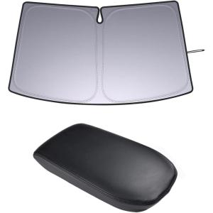 imageJDMCAR Center Console Cover Black Trim and Upgrade Front Windshield Sun Shade Compatible with Toyota RAV4 Accessories 20192024