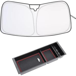 imageJDMCAR Center Console Organizer Red Trim and Foldable Windshield Sunshade Compatible with 2015 2016 2017 2018 2019 2020 Ford F150