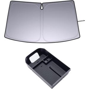 imageJDMCAR Center Console Tray Organizer Gray Trim and Front Windshield Sun Shade Compatible with Toyota RAV4 Accessories 20192024