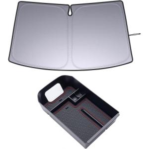 imageJDMCAR Center Console Tray Organizer Red Trim and Front Windshield Sun Shade Compatible with Toyota RAV4 Accessories 20192024
