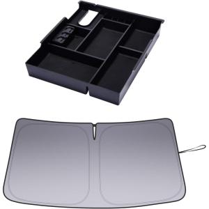imageWindshield Sun Shade and Center Console Organizer Black Trim Compatible with Toyota Tundra Accessories 20142021