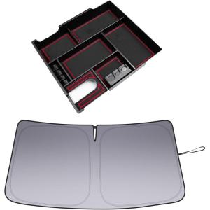 imageWindshield Sun Shade and Center Console Organizer Red Trim Compatible with Toyota Tundra Accessories 20142021